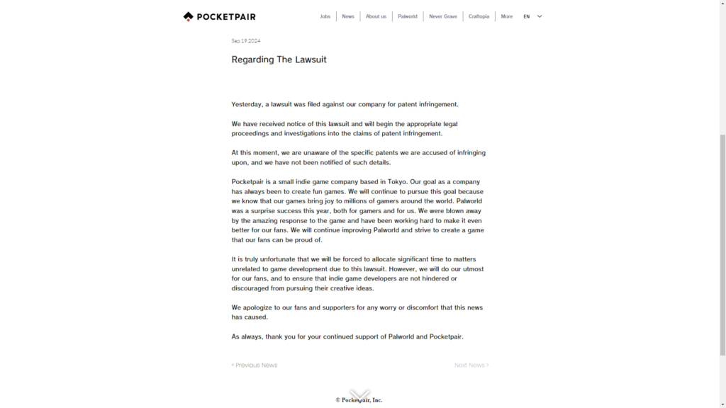 Pocketpair statement on Palworld lawsuit