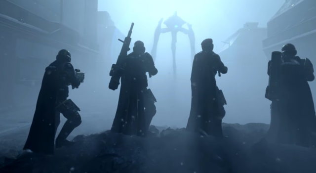 A squad (4) of Helldivers standing in front of an Illuminate Harvester