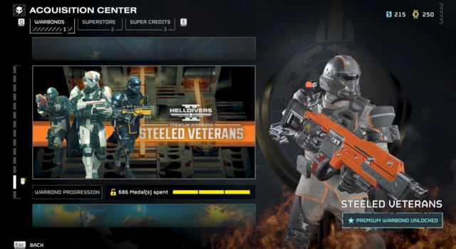 The Helldivers 2 Warbond selection page showing the Steeled Veterans Warbond