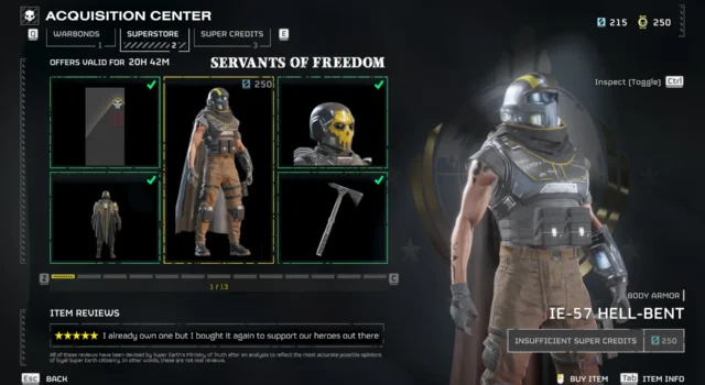 The Superstore in Helldivers 2 showing content from Servants of Freedom Warbond