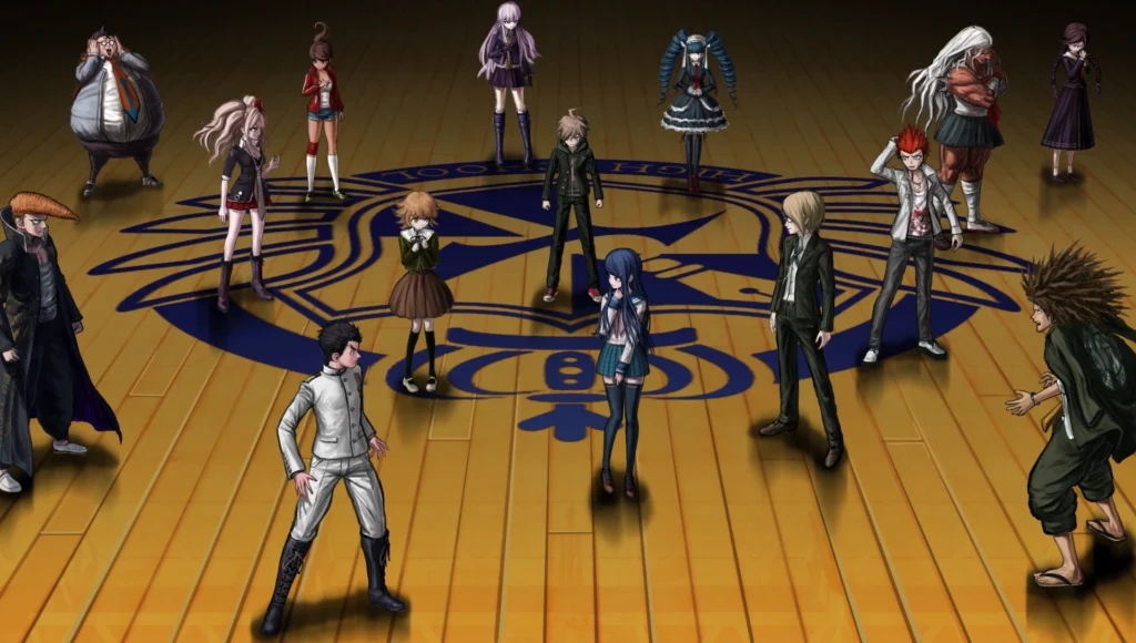 Danganronpa games' characters staring at each other with distrust