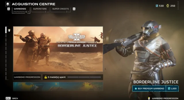 The Warbond selection page in Helldivers 2 showing the Borderline Justice Warbond