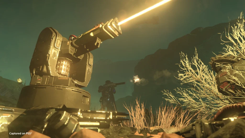 The New Helldivers 2 Control Group Warbond: A Brave Venture Into New Technology 2 A Helldiver using gear from the Control Group Warbond alongside a laser sentry that's also in the warbond
