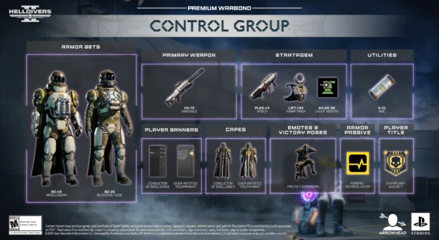 An image showing off the content in the Control Group Warbond in Helldivers 2
