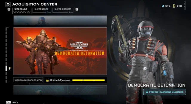 The Warbond selection page in Helldivers 2 showing the Democratic Detonation Warbond