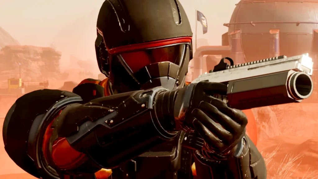 A Helldiver wearing armor from the Democratic Detonation Warbond while using the Grenade Pistol