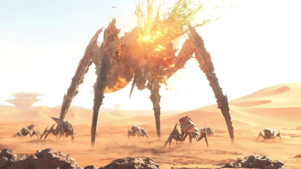 A Bile Titan from Helldivers 2 surrounded by smaller Terminids getting obliterated