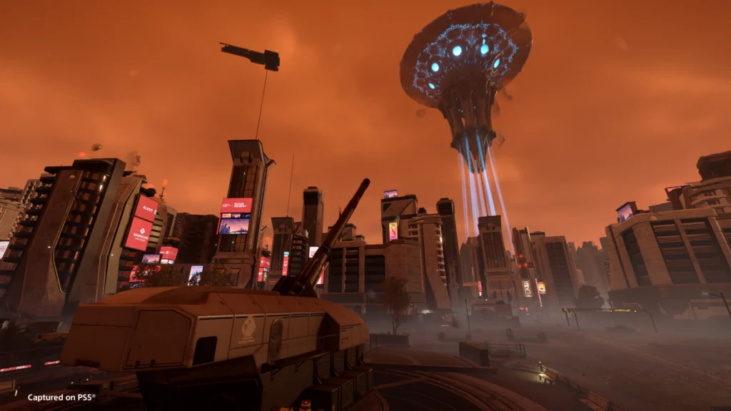 The Helldivers 2 Illuminate Enemy Types 2 Illuminate fleet ship being shot by SEAF orbital cannon