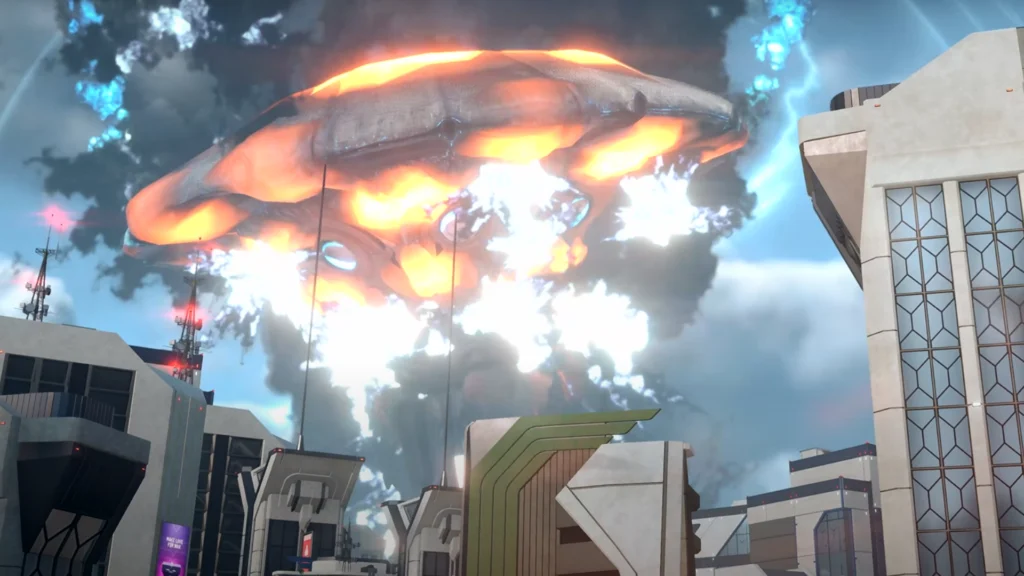 The Helldivers 2 Illuminate Enemy Types 3 A Helldivers 2 Illuminate Great Host Overship being shot down and about to crash