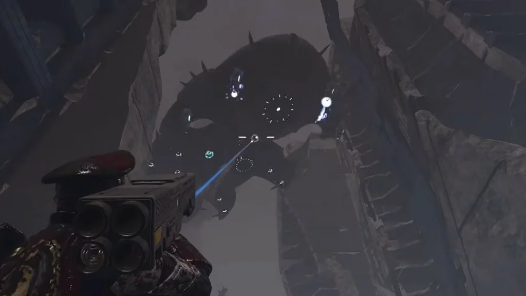 A Helldiver using the MLS-4X Commando against an Illuminate Leviathan