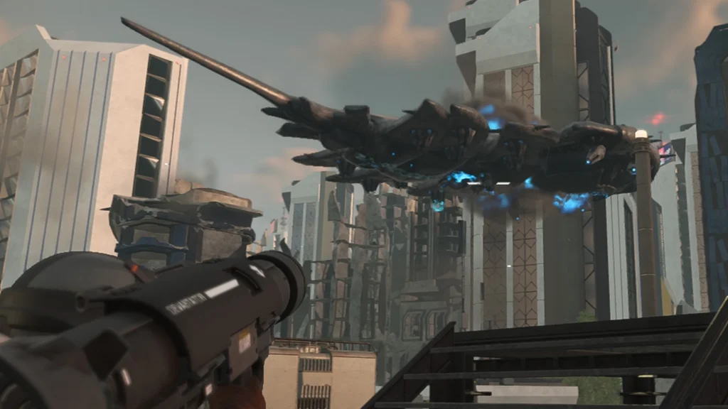 A Helldiver aiming a GR-8 Recoilless Rifle at an Illuminate Leviathan