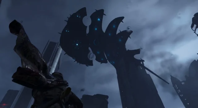 A Helldiver encountering an Illuminate Leviathan that hasn't noticed their presence