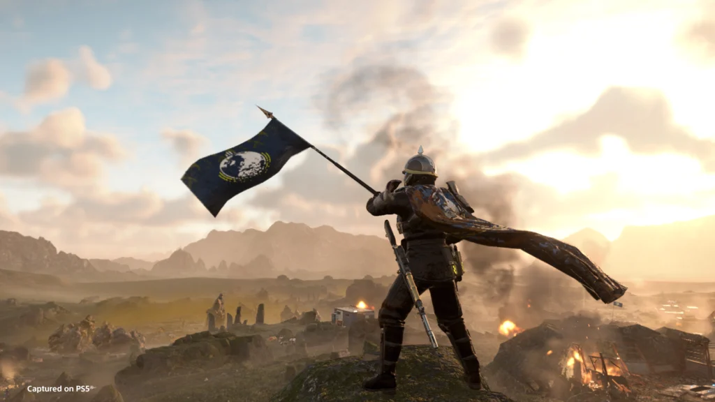 Helldivers 2 Masters of Ceremony Warbond: Champions Of The Parade 1 A Helldiver waving the Super Earth flag over the battlefield