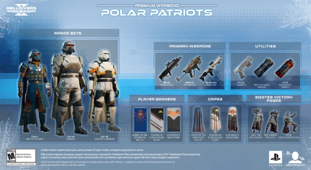 A showcase of all the content in the Polar Patriots Warbond in Helldivers 2