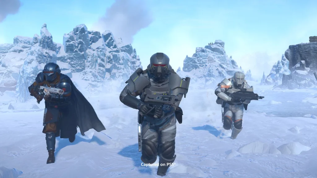Three Helldivers wearing armor and wielding items in the Helldivers 2 Polar Patriots Warbond