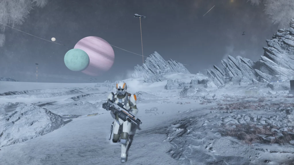 A Helldiver using armor and a weapon from the Steeled Veterans Warbond while walking on a lunar surface