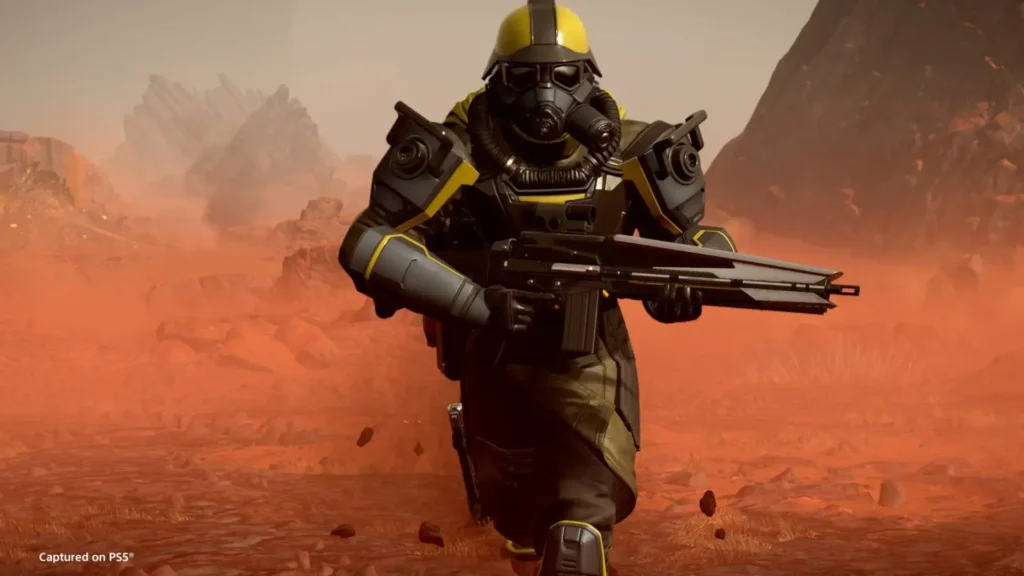 A Helldiver wearing amor and holding a weapon from the Democratic Detonation Warbond