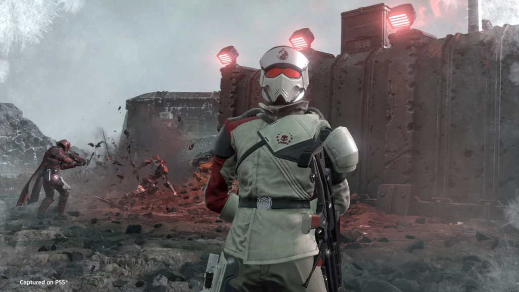 A Helldiver wearing a Truth Enforcer armor with another Helldiver behind them wearing another Truth Enforcer Armor 