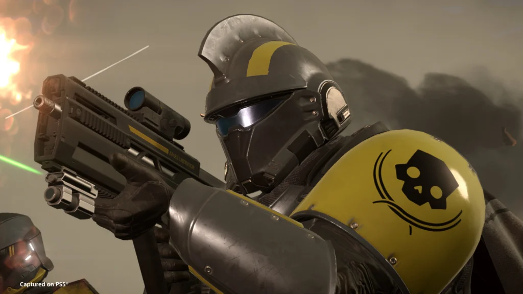 Helldivers 2 Urban Legends Warbond: Bringing Justice To The Streets 2 A Helldiver wearing the heavy armor from the Urban Legends Warbond while firing a Liberator rifle
