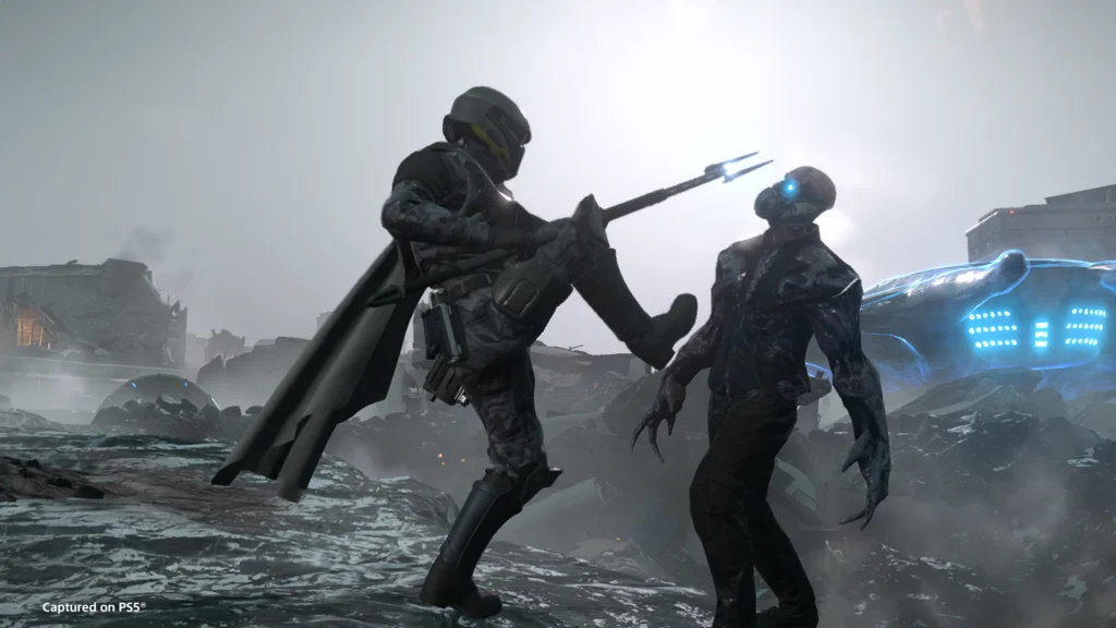 Helldivers 2 Urban Legends Warbond: Bringing Justice To The Streets 3 A Helldiver armed with a stun lance and wearing the light armor from the Urban Legends Warbond while kicking a Voteless