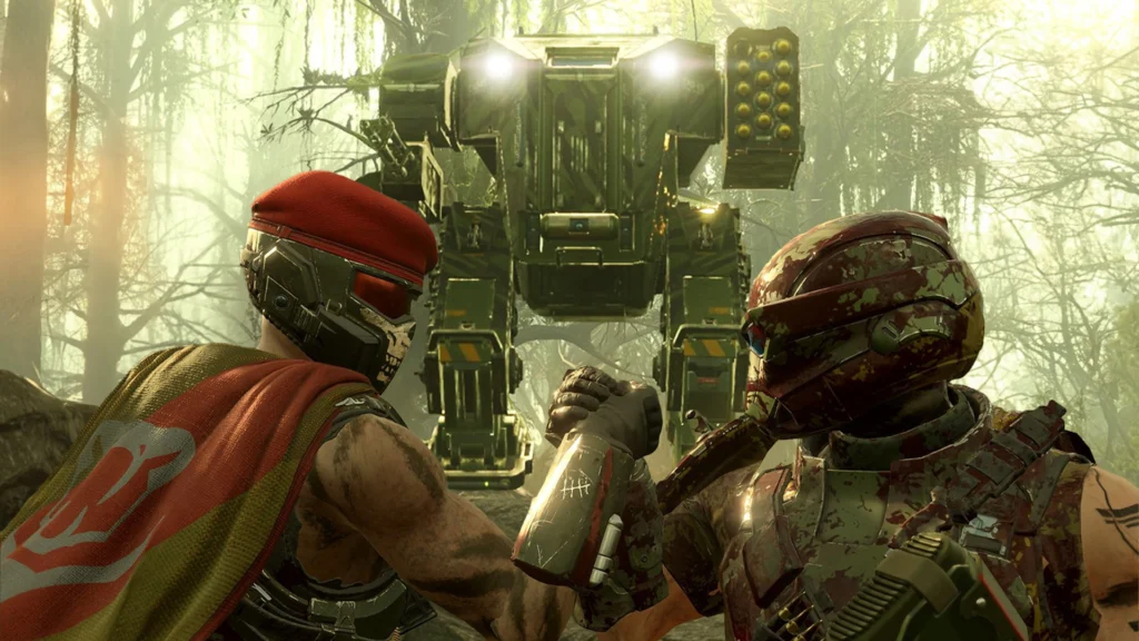 Helldivers 2 Viper Commandos gear worn by two Helldivers holding hands with an EXO suit behind them