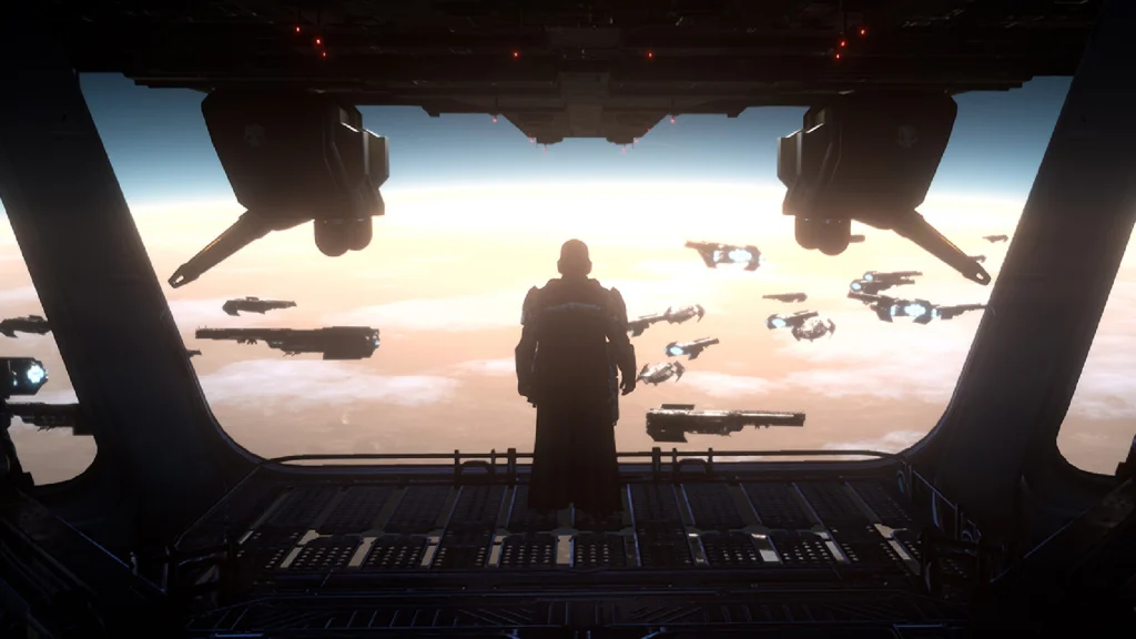 A Helldiver standing in their Super Destroyer overlooking a planet with other Super Destroyers in the frame