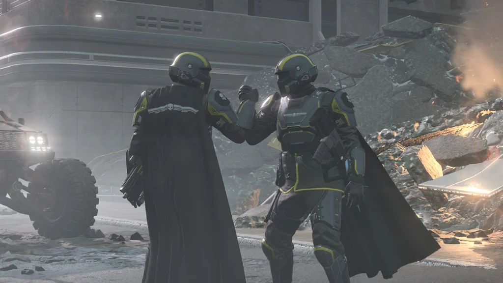 Two Helldivers doing the  Dutch-Dillon handshake from the Predator movie