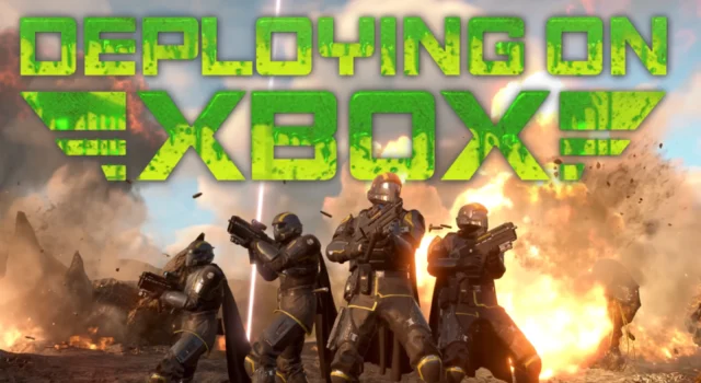 Four Helldivers fighting together with the words, "Deploying on Xbox" above them