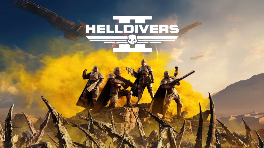 The New Helldivers 2 Pillars Of Freedom Cape And Its Story 3 Four Helldivers together with the Helldivers 2 title above them