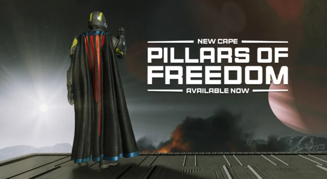A Helldiver wearing the new Pillars of Freedom cape with the text, "New cape, Pillars of Freedom, available now" in the background