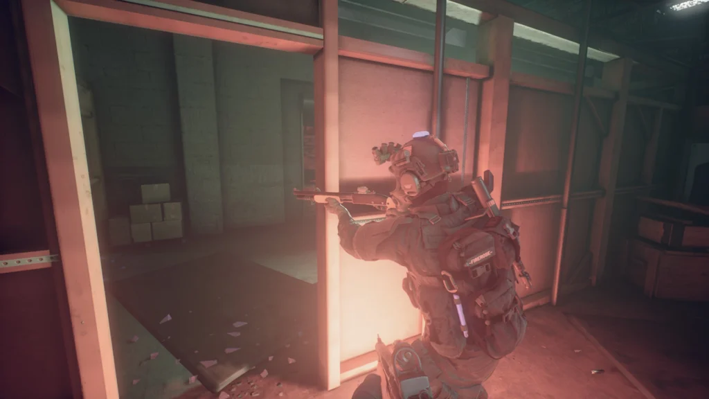 An LSPD SWAT officer in Ready or Not pieing a door with a bean bag shotgun