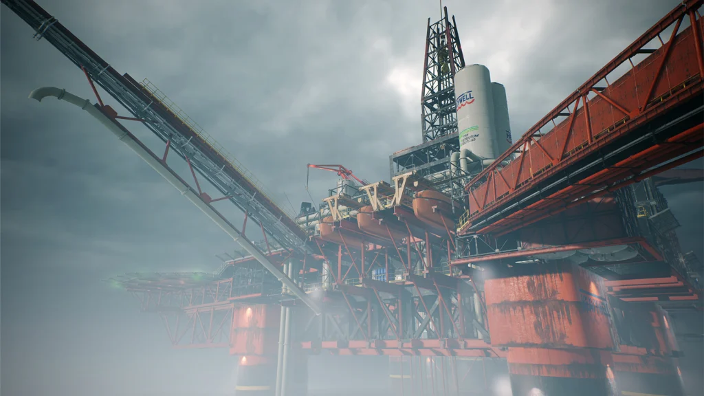 An outside view of a massive oil rig