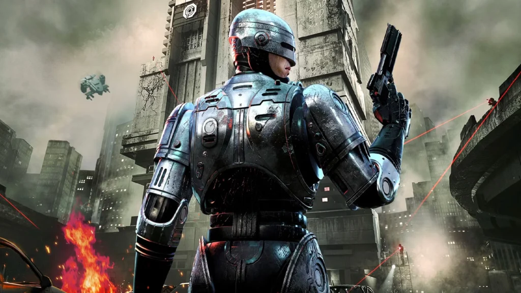 Protagonist of RoboCop: Rogue City in front of a collapsing building