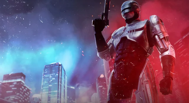 RoboCop standing in front of the city