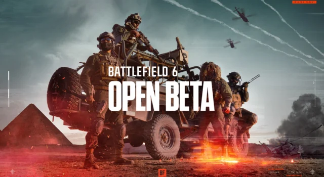 Four soldiers standing in various positions around a jeep with the text Battlefield 6 Open Beta in front of them