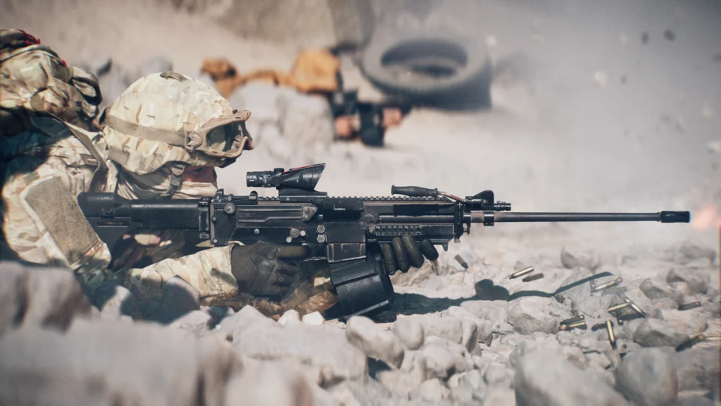 The Exciting New Battlefield 6 Classes In The Open Beta 3 A soldier in the prone position on piles of rubble firing his light machine gun