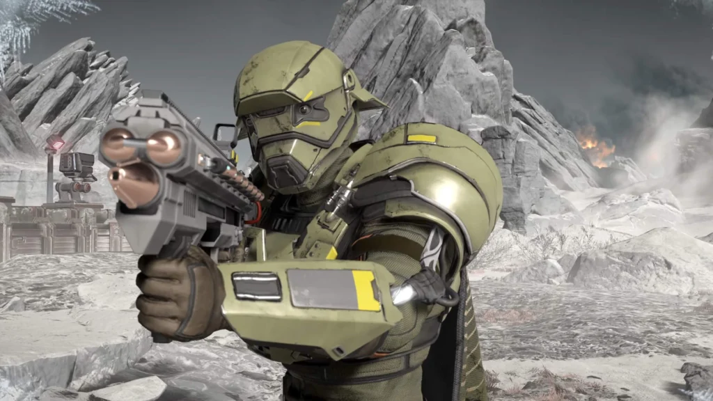 A Helldiver facing the camera while wearing the EX-16 Prototype 16 armor set and using the SG-8P Punisher Plasma
