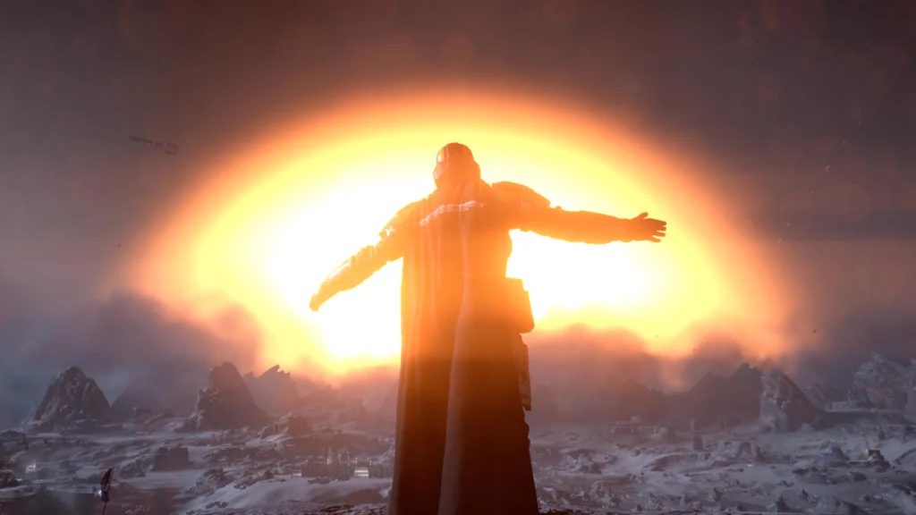 Fans Are Excited About The Helldivers 2 Halo Crossover 2 A Helldiver standing in front of a nuclear explosion with his arms stretched out