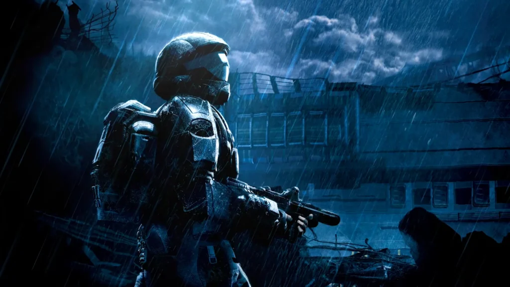 Fans Are Excited About The Helldivers 2 Halo Crossover 3 An ODST looking behind him as he marches alone through the rain