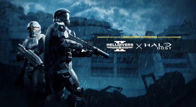 The cover art for the Helldivers 2 Halo ODST Legendary Warbond featuring two Helldivers using the equipment in said Warbond