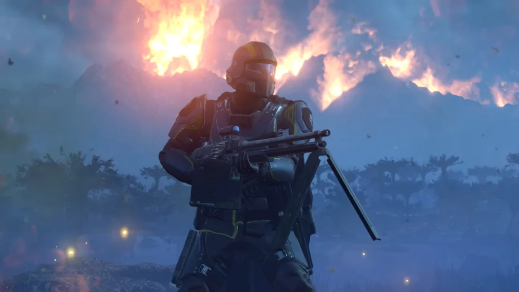 The Amazing Helldivers 2 Stalwart And Its Family 2 A Helldiver holding the MG-43 in a dark jungle environment