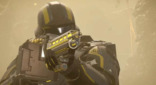 A close up of a Helldiver carrying the Stalwart