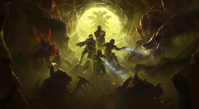 The cover art for the Helldivers 2: Into the Unjust update showing four Helldivers being completely surrounded by Terminid enemies