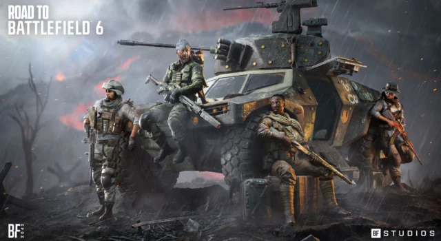 Four soldiers sitting around a wheeled vehicle