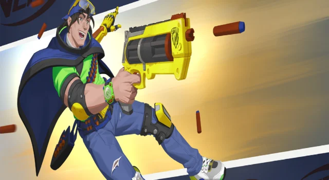 Cassidy from Overwatch shooting a nerf blaster