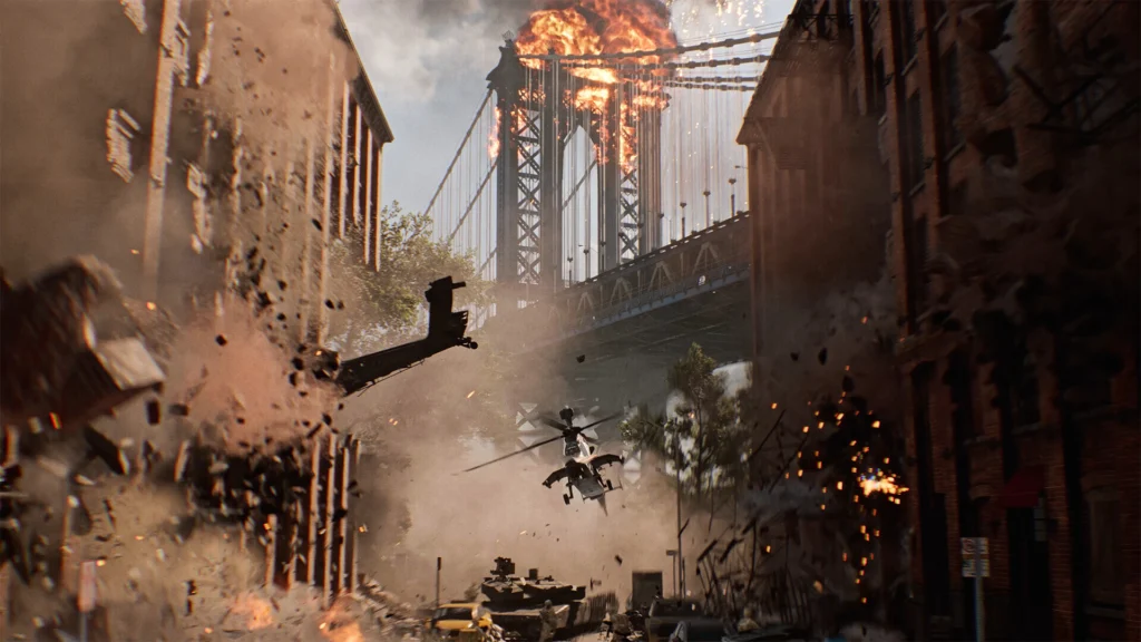The Breathtaking Battlefield 6 Open Beta Makes An Explosive Return 4 A battle between two helicopters happening in the new Empire State map in the Battlefield 6 open beta