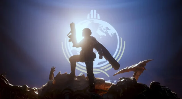 A Helldiver posing on top of a pile of Terminid bodies with the Super Earth flag behind them