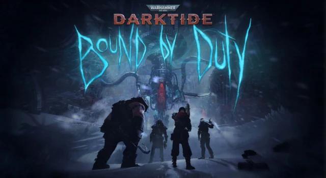 The cover image for the Darktide Bound by Duty update featuring the four classes standing in front of the new Mortis Trials arena