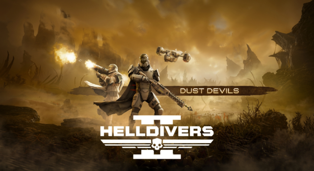 The Cover Art for the Helldivers 2 Dust Devils Warbond featuring two Helldivers using the gear from said Warbond