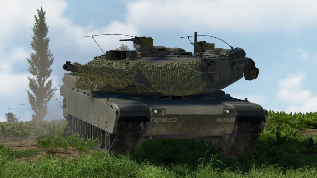 An M1 Abrams with a camo shroud over its turret cheeks and barrel cresting a hill to engage its targets in Gunner Heat PC